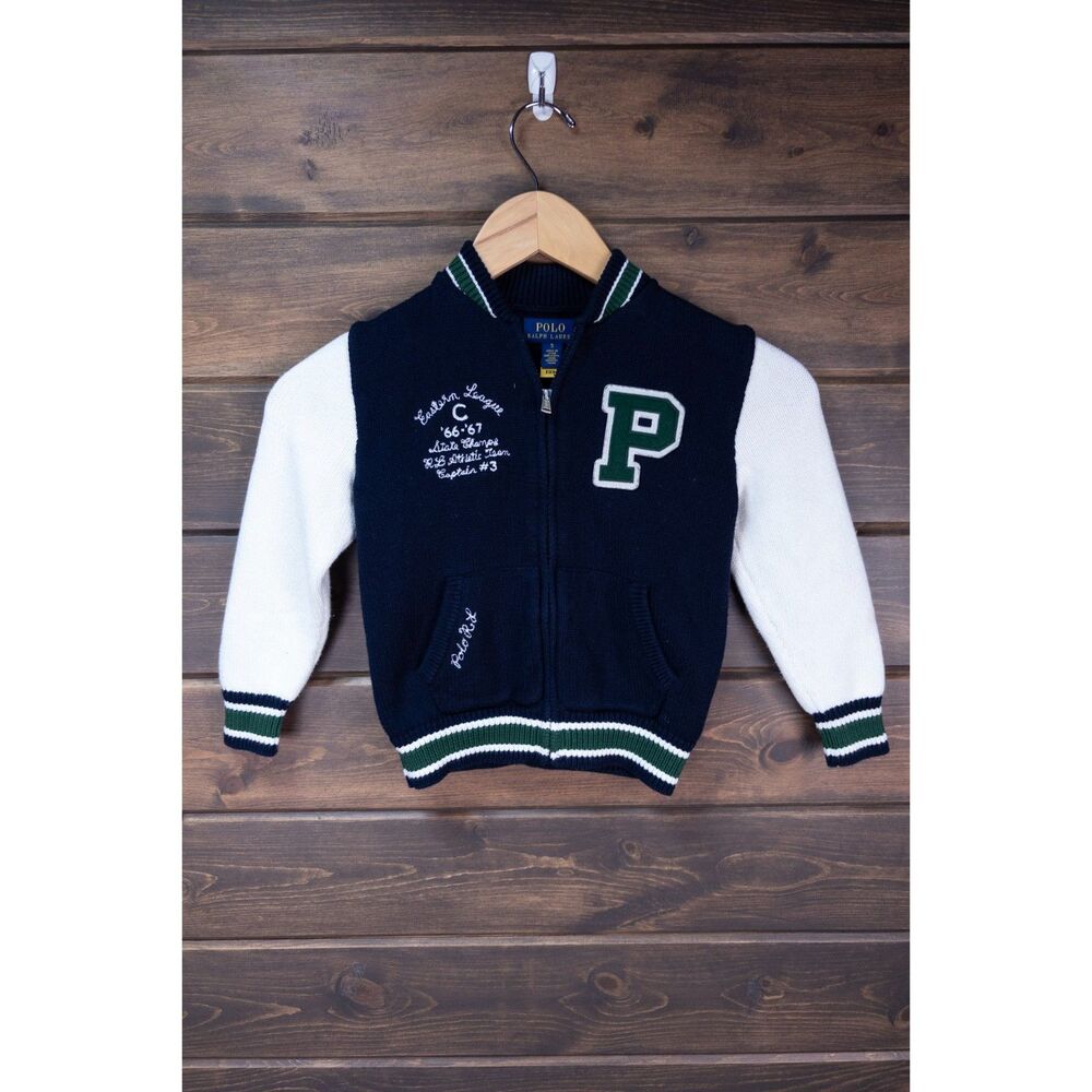 Polo Ralph Lauren Kids Letterman Varsity Sweater Jacket Size 5 Navy Green White